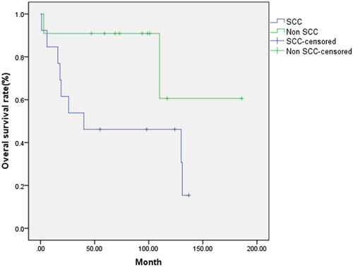 Figure 2. Kaplan–Meier survival curves for overall survival (OS) in patients with SCC and non-SCC, which showed that SCC were significantly associated with shorter OS.