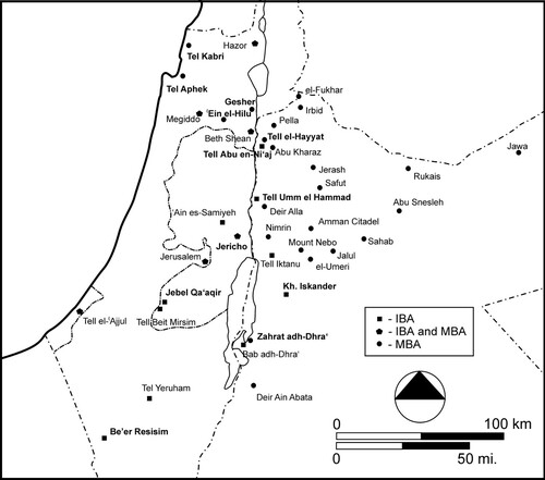 Figure 4 Map showing both EB IV and MB I sites in the inland regions of the southern Levant. Map by W. Więckowski.