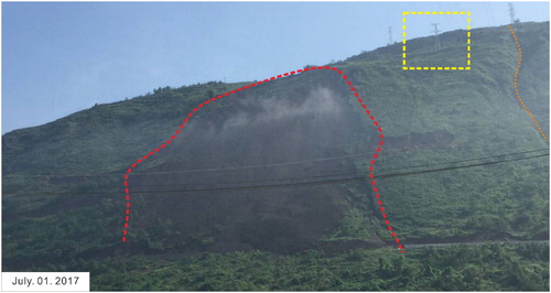 Figure 8. The electronic transmission tower remains unchanged in the gentle platform which above the landslide boundary. The overall sliding reaches the left boundary on 2 July 2017. Source: Author.