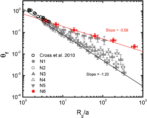 Figure 2. The θf − Rg/a scaling relationship of soot aggregates studied by Cross et al. (Citation2010) compared to that of sets N1–N6 from this study. Error bars represent one geometric standard deviation. Least-square fitting of the data of sets N1 and N6 yields (lower [black] line) and (upper [red] line), respectively.