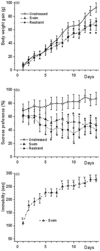 Figure 2. Body weight gain (a), sucrose preference (b) and immobility duration in the FS (c) during exposure of rats to Swim or Restraint for 14 days. *p < 0.05 compared to Unstressed at the same day; xp < 0.05 compared to all other days; vp < 0.05 compared to the first and the second days.