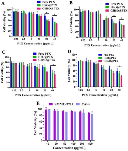 Figure 4. The cytotoxicity of different formulations 24 h (A) and 48 h (B) to SMMC-7721 cells; the cytotoxicity of different formulations 24 h (C) and 48 (D) to CAFs cells; (E) The cytotoxicity of blank micelles to SMMC-7721 and CAFs cells. (*p < .05).