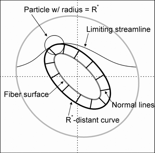 FIG. 4 Surfaces and curves used to calculate single-fiber interception efficiency. The R* -distant curve is everywhere a distance R* from the fiber surface. The normal lines are normal to both the fiber surface and the R* -distant curve and connect points on the R* -distant curve to the corresponding closest points on the fiber surface. The limiting streamline intersects the R* -distant curve at only one point. The particle is shown at the location on the limiting streamline where it is intercepted by the fiber.
