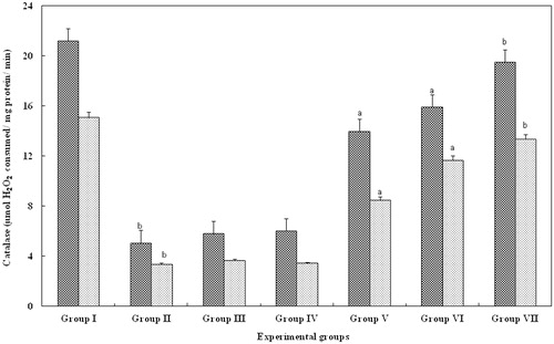 Figure 3. Effect of FA on the catalase levels in serum and kidney of Wistar rats. Each bar represents mean ± SD of five determinations using samples from different preparations. The catalase levels in serum and kidney of glycerol-exposed animals were significantly different from the control. The difference in catalase levels observed between groups I and II and groups II and III--VII animals were statistically significant at ap < 0.001 and bp < 0.05.