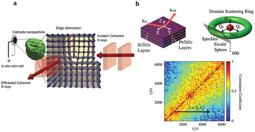 Figure 8. Bragg coherent diffractive imaging and X-ray photo correlation spectroscopy imaging defects [Citation76] and probing disorders [Citation83]. Coherent X-rays are incident on a lithium ion battery cathode nanoparticle (green) containing an edge dislocation. (a) Schematic of an edge dislocation for a cubic unit cell structure is shown with the extra half plane colored purple. The diffracted X-rays carry information about the 3D electron density and atomic displacement fields within the particle that allows the type of dislocation to be identified and visualized. (b) Upper left: Coherent X-rays are incident on a PbTiO3/SrTiO3 ferroelectric superlattice which has serpentine stripe domain patterns with up and down polarization down to the perovskite unit cell level. Upper right: In the reciprocal space scattering geometry, the Ewald sphere intersects the ring of domain diffuse scattering (green ring), but does not pass through the (002) superlattice Bragg reflection (red sphere). Lower: Two-time correlation map for coherent domain diffuse scattering patterns near phase transition temperature. Reproduced with permissions from Ref. [76] © The American Association for the Advancement of Science 2015, Ref. [83] © The American Physical Society 2017.