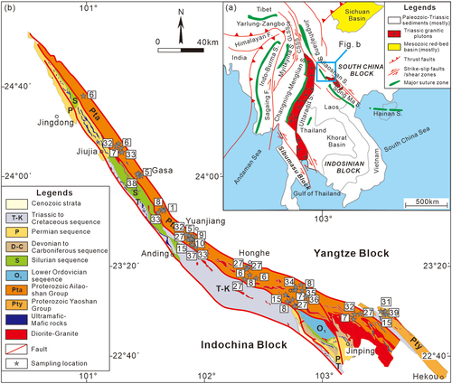 Figure 2. Tectonic outline of Southeast Asia (a) and simplified geological map of the Ailaoshan-Red River shear zone (b). Age dating with references on the map are listed in Table 1.