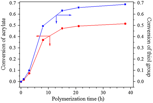 Figure 2. Conversions of thiol and acrylate with polymerization time in the polymerization with EGDA/TMEA = 2/1 at 50 °C in chloroform for different reaction time.