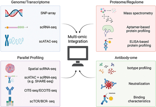Figure 1. Single-cell perspectives frequently combine genomic, epigenomic, transcriptomic and spatial modalities to develop parallel “snapshots” of cellular function. Established antibody-omic techniques and target-agnostic proteomics are valuable complements that provide a holistic systems immunology perspective.