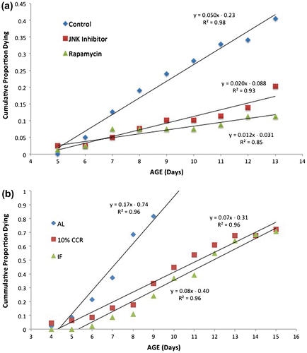 Figure 3. Comparison of mortality rates in the reproductive phase. (a) The rapamycin and JNK inhibitor treatments received 1 µM continuous exposure. (b) AL – ad libitum feeding, CCR – chronic caloric restriction, IF – intermittent fasting.