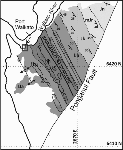 Figure 8. Zones of high analytical signal (dot pattern) superimposed on the geological map of the Port Waikato area taken from Edbrooke (Citation2001). Ijh, Huriwai Group; IJa, Apotu Group; Jk, Kirikiri Group; mJr, Rengarenga Group; Jn, Newcastle Group. Graticule: NZMG. Grid interval 10 km.