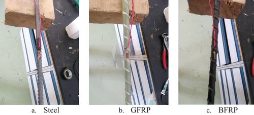 Figure 9. Installation of strain gauges for steel, GFRP and BFRP bars.