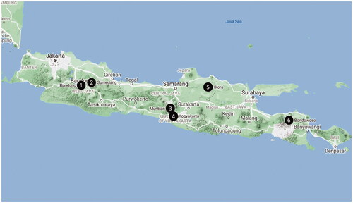 Figure 1. Location of Ragi tapai sample collection sites in Java Island.1. Bandung, 2. Sumedang, 3. Muntilan, 4. Yogyakarta, 5. Blora, 6. Bondowoso. Map from Google Maps.