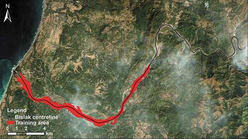 Figure 3. Selected imagery extent for building optimal training model in the Bislak River. Background is the true colour Sentinel-2 image dated 1 January 2018.