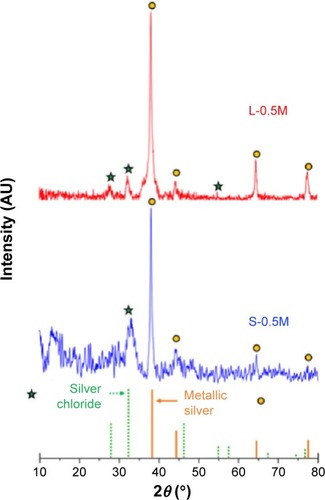 Figure 1 X-ray diffraction (XRD) patterns of samples S-0.5M and L-0.5M.Notes: Stars and circles indicate the positions of the X-ray diffraction peaks of silver chloride and metallic silver respectively, in agreement with the corresponding JCPDS files. Silver chloride: JCPDS file number 31-1238. Metallic silver: JCPDS file number 04-0783.Abbreviations: JCPDS, Joint Committee on Power Diffraction Standards; L-0.5M, final colloid obtained using coriander leaf extract and 0.5 M AgNO3; S-0.5M, sample obtained using extracts of coriander seeds and 0.5 M AgNO3 solution.