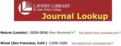 FIGURE 3 Using the xISSN Web service to tag peer-reviewed journals in the St. John Fisher College Library A–Z list.