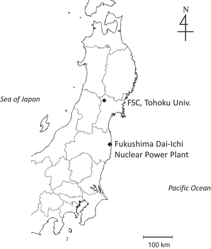 Figure 1 Locations of the Fukushima Dai-Ichi Nuclear Power Plant and the Tohoku University Field Science Center (FSC) sampling site.