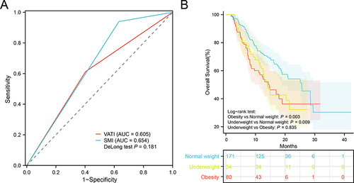 Figure 4 (A) The ROC curve for the visceral adipose tissue index (VATI) subgroups and the skeletal muscle index (SMI) subgroups to predict disease control rate (DCR); (B) Kaplan-Meier curves of overall survival (OS) for the BMI subgroups.
