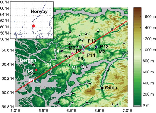 Fig. 1. Map of the experiment area with altitude from the terrain database ASTER GDEM v1 (Tachikawa et al., Citation2011) contoured in colours. The deployed rain gauges are colour coded and the stations P1–P12 correspond to the line colours in Fig. 5. Black squares are the stations M1–M3 referenced in the text, triangles are the remaining precipitation stations in the area operated by the Norwegian Meteorological Institute (MET Norway). The red line shows the lower edge of the cross sections analysed in Section 3.4.