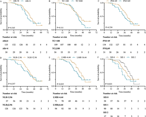 Figure 2 Kaplan-Meier curves for OS in patients with LA-NSCLC according to Alb (A), TC (B), PNI (C), NLR (D), LMR (E) and SIS (F).