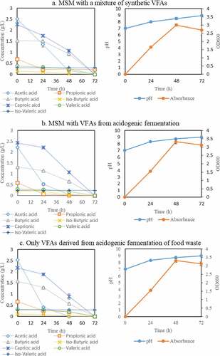 Figure 3. Profiles of VFAs concentration, absorbance, and pH during cultivation of Bacillus megaterium ATCC 14,945 in three different cultivation media: a) Minimum Salt Medium (MSM) with a mixture of synthetic VFAs; b) MSM with VFAs from acidogenic fermentation; and c) VFAs-rich stream as produced from acidogenic fermentation of food waste