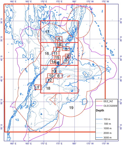 Figure 2. Location of previous sediment maps for the New Zealand region (Table 1).