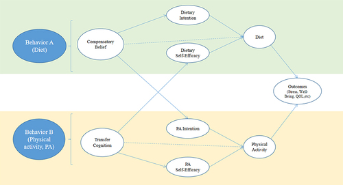 Figure 1 Framework of compensatory carry-over action model. The solid lines refer to the relation hypothesis in the original compensatory carry-over action model (CCAM); The dotted lines refer to supplementary hypothesis in this study.