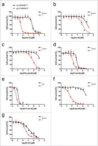 Figure 3. Diverse anti-neoplastic nucleoside analogs are more toxic in the absence of SAMHD1. THP-1 CRISPR/Cas9 control cells (black) or cells lacking a functional SAMHD1 gene (red) were treated in parallel with the indicated concentrations of cytarabine (a), vidarabine (b), nelarabine (c), fludarabine (d), clofarabine (e), decitabine (f) or trifluridine (g). Cells were treated for 3 days, or 6 d in the case of decitabine to obtain maximal cytotoxicity as described previously,Citation87 and cell viability was determined using a colorimetric proliferation inhibition assay. Representative experiments from a total of at least 2 independent experiments performed in triplicate are shown. EC50 values (for ctrl SAMHD1+/+ vs. g2–2 SAMHD1−/−) were calculated using a non-linear regression curve fit (for details see Methods): a: 53.6 µM vs. 0.4 µM, b: 657.6 µM vs. 87.8 µM; c: 2114 µM vs. 65.2 µM, d: 8.3 µM vs. 1.5 µM; e: 135.8 nM vs. 57.7 nM; f: 521 µM vs. 0.5 µM; g: 20.7 µM vs. 3.0 µM. Curves were compared by means of Extra-sum-of-squares F tests (**: P ≤ 0.01; ****: P ≤ 0.0001).