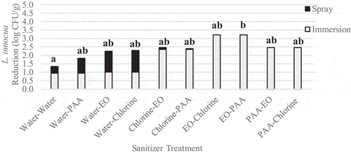 Figure 8. Reduction of L. innocua on inoculated wild blueberries sequentially immersed then sprayed with sanitizer