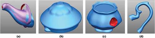 Figure 6. 3D CAD fire size Miranda Kerr Tea for One Teapot: (a) spot; (b) lib; (c) base; (d) handle