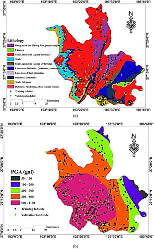 Figure 3. (a) The lithology of the study area and (b) the PGA map of the Ludian earthquake.