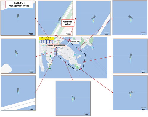 Figure 16. Gas dispersion simulation during ship operation (condition: winter, south wind 20 kts).