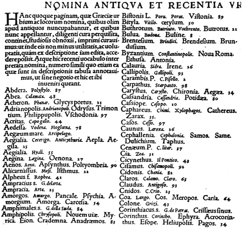 Figure 4 Extract from one of the oblong versions of Nikolaos Sophianos's alphabetically ordered Nomina antiqua et recentia, a letterpress table of ancient and modern place‐names compiled to accompany the map. The ancient name is followed by the modern name and its Latin or medieval variants. The number at the end of each entry identifies the place on the map (see, for example, Figs 11, 13 and 14). (Reproduced with permission from the Library of Congress, G 2000 1545 G 45 Vault.)