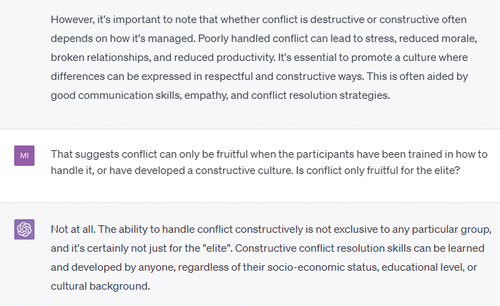 Figure 2. A short extract from a Socratic dialogue with GPT-4 on “can conflict be fruitful?”.