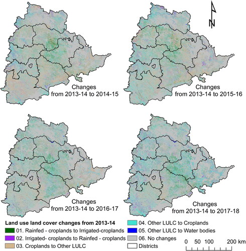 Figure 9. Spatial distribution of land use/land cover changes for crop years from 2013–14.