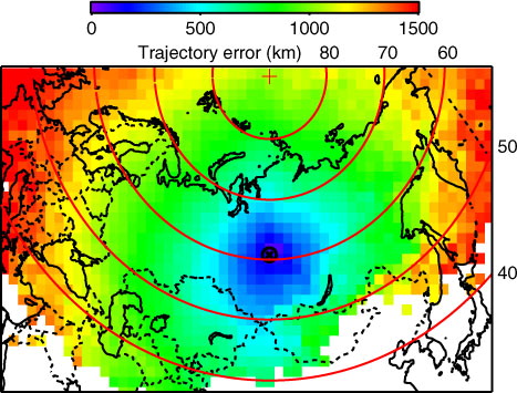Fig. 1 Average geographical distribution of uncertainties in km of 54 988 10-d back trajectories starting at 300 m of the ZOTTO facility (89.35E, 60.8N), marked with the symbol cross in circle. National boundaries are drawn as thin dotted lines. Only grid cells with at least 25 cases are shown. Parallels and North Pole are drawn in red.
