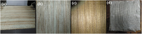 Figure 1. (a) Hand-loom, (b) jute fiber material, (c) banana fiber material, and (d) woven glass fiber.