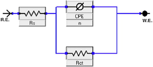 Figure 6. The electrical equivalent circuit used for modeling the interface steel/1.0 M HCl solution in the absence and presence of the CGS  molecule.