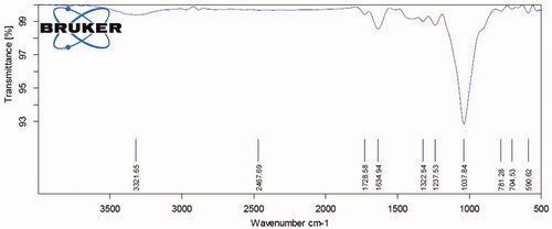 Figure 2. FTIR spectra of ZnO nanoparticles of V. amygdalina. V. amygdalina extract were answerable for the configuration of a variety of nanoparticles. The FTIR range of V. amygdalina illustrated several assimilation peaks ranged from 3500 cm−1 to 500 cm−1. Figure 2 shows the representative FT-IR spectra obtained from V. amygdalina.