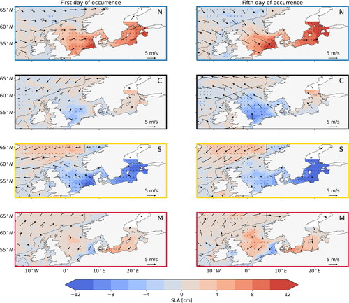 Fig. 8. Composite maps of daily sea level anomaly (shading, in cm) and 10 m wind anomaly (arrows, in m s−1) over the first days (left column) and the fifth days (right columns) of persistence of each jet cluster: (N) Northern jet cluster, (C) Central jet cluster, (S) Southern jet cluster, (M) Mixed jet cluster. The black dots denote regions where the sea level anomaly composite is significantly different from zero at a 0.05 significance level. The grey line shows the location of the continental slope, depicted by the 500 m isobath.