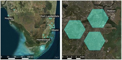 Figure 2. Study areas in (a) South Florida and (b) Boston, MA.