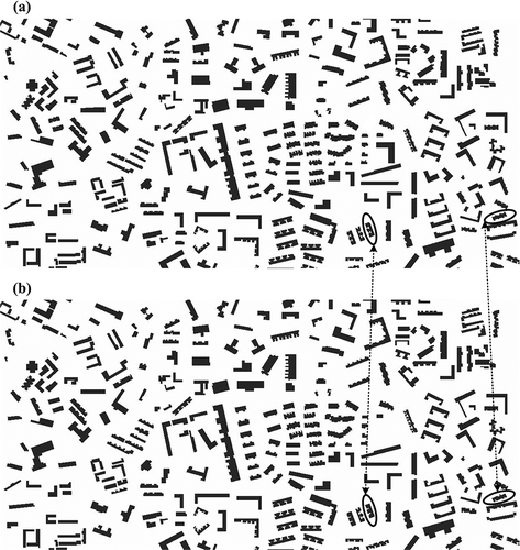 Figure 7. Buildings within a small part of the study area. (a) Before and (b) after the simplification.