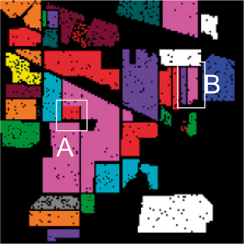 Figure 8. The ground reference data for the Indian Pines image. The segments shown in white boxes are found to be difficult to classify.