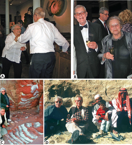 Figure 3. Dolf and his wife Edith, A. Dancing in 2010, B. Formal attire, C. In the field in Jordan, 2000 doing the peel “Waves of Petra” for Fossil Art, and D. With guides in Jordan, 2000. (Photographs courtesy of A. Ulrike Seilacher, B. Susam Butts, C. and D. Freidrich Pflüger).