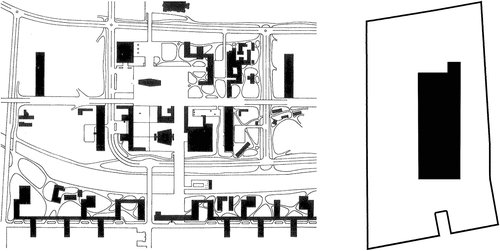 Figure 2. Allegory of the hypothetical connection between city and floor plan: Le Corbusier’s Saint-Dié (left) and the typical plan (right). Source: Rowe and Koetter Citation1978, 62 (left); graphic by author on the basis of Koolhaas Citation1998b, 336 (right).