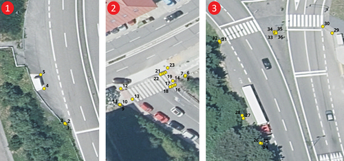 Figure 2. Reference points with GNSS Trimble in each case study. 1) case study 1: road environment, 2) case study 2: urban environment, and 3) case study 3: semi-urban environment.