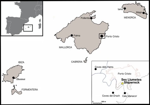 Figure 1. Map of Balearic Islands and Ses Llumetes shipwreck location (marked with a star) at Porto Cristo (Mallorca) (Authors).
