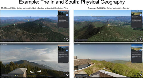 Figure 2. Physical geography examples from the Inland South virtual field trip in Google Earth. Clockwise from top right: 3D view of Brasstown Bald (4,784 ft.), highest point in Georgia; Google street view from summit of Brasstown Bald; Google street view from summit of Mt. Mitchell; 3D view of Mt. Mitchell (6,684 ft.), highest point in North Carolina and highest point in the U.S. east of the Mississippi River. Map data: Google, Landsat / Copernicus, Data SIO, NOAA, U.S. Navy, NGA, GEBCO.