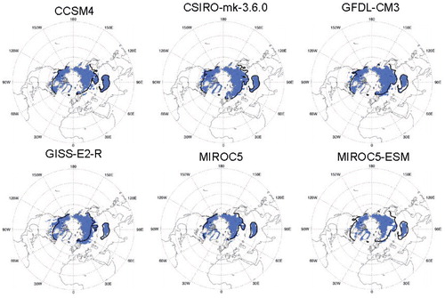 FIGURE 5. The estimated mean permafrost extent with CMIP5 simulation by Kudryavtsev's model during the period 1986–2005. The black lines indicate the 0 °C isotherm of MAAT. SM is from the CMIP5 output.