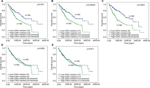 Figure 2 The Kaplan–Meier analysis of overall survival for different CAF marker subpanels for HCC.Notes: The overall survival curves were plotted and compared between the low expression and high expression group of each subpanels: (A) the 12-marker panel, (B) the 11-marker panel, (C) the 8-advanced panel, (D) 4-early panel, and (E) 3-early panel.Abbreviations: CAFs, cancer-associated fibroblasts; HCC, hepatocellular carcinoma.