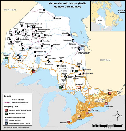 Figure 1. Map of Nishnawbe Aski Nation member communities, road access and nearest emergency care services. (Reproduced with permission from Jill E. Sherman).